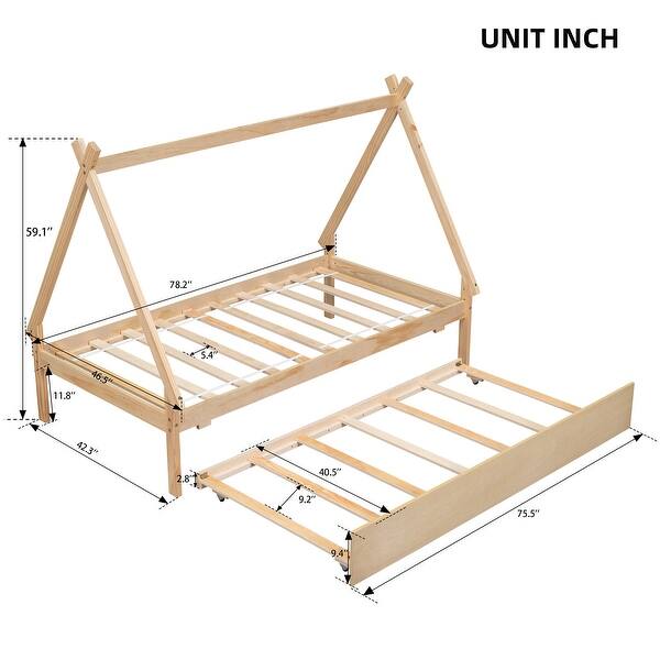 dimension image slide 2 of 3, Twin Size Monttessori Bed with Turndle, Wooden Tent Floor Bed Frame