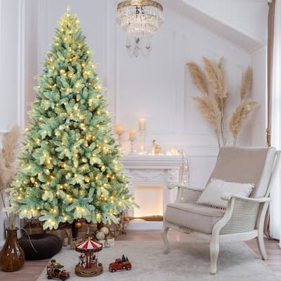 7FT Blue PE/PVC Christmas Tree with 500 Warm White LED Lights-1845 Tips, Hinged Branch Design, Full Natural Look, Metal Stand