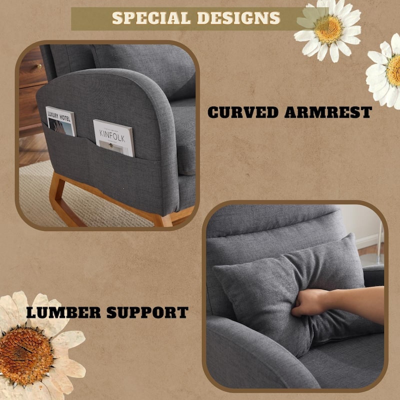 High Back Linen Rocking Chair with Lumbar Pillow Ergonomic Padded Armrests Solid Wood Frame Comfortable Indoor Rocker
