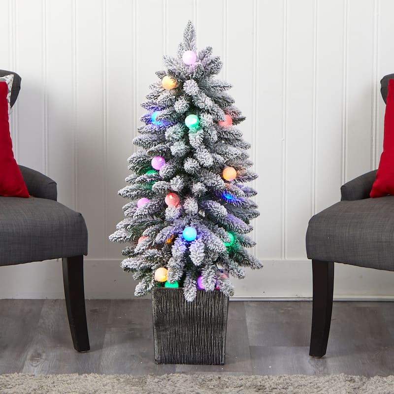 3ft. Flocked Fir Artificial Christmas Tree with 127 Branches & 20 LED Globe Lights in Planter - Cute Holiday X-Mas Accent