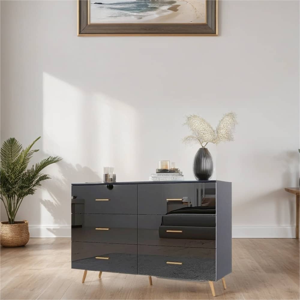 High Glossy Surface 6 Drawers Vanity with Handle and Steel Legs - N/A