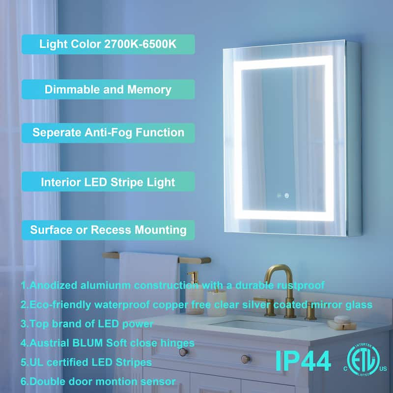 30" H Recessed or Surface LED Mirror Cabinet with Adjustable Glass Shelves,Defogger, Dimmer And Outlets & USB Ports