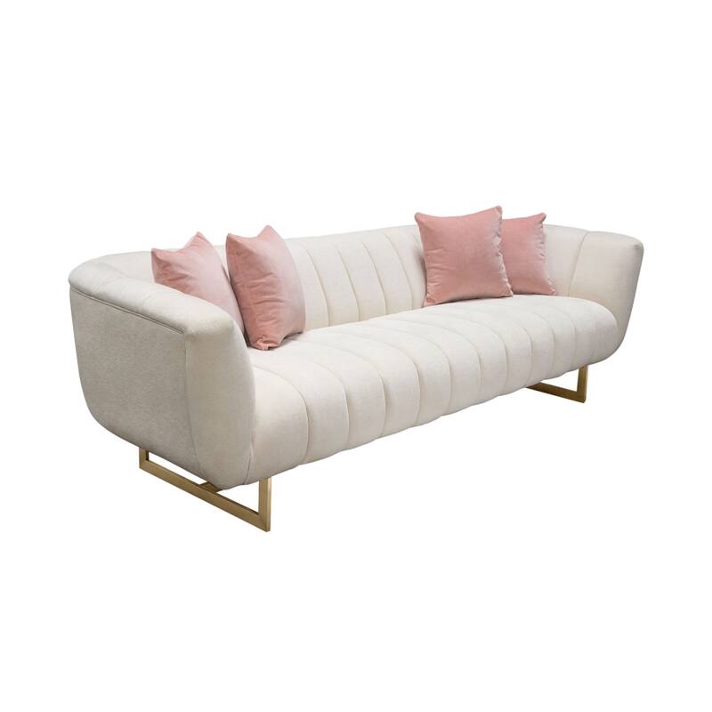 Eva Sofa with 4 Pink Accent Pillows, Cream and Gold Metal Base 98 Inch