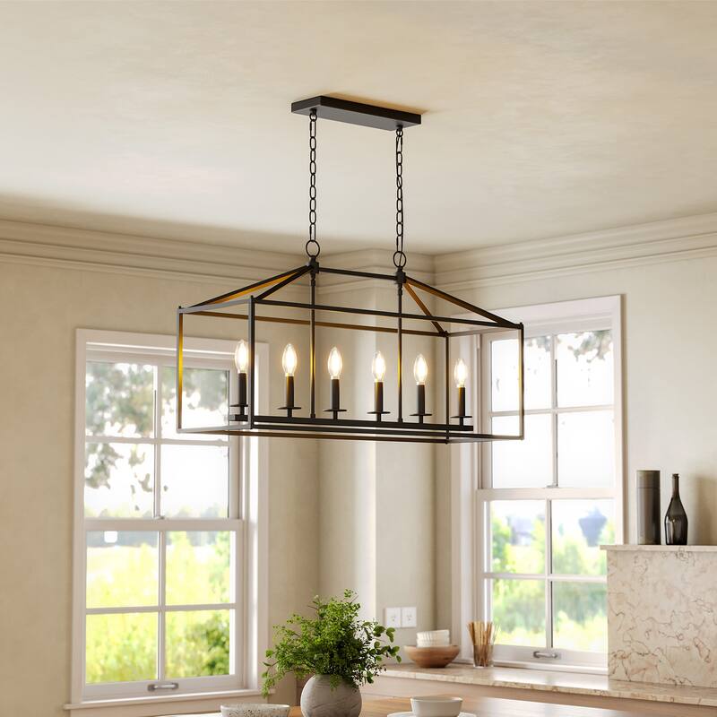 56.7 in. 6-Light Black Linear Chandelier with Caged Metal Shade, No Bulbs Included