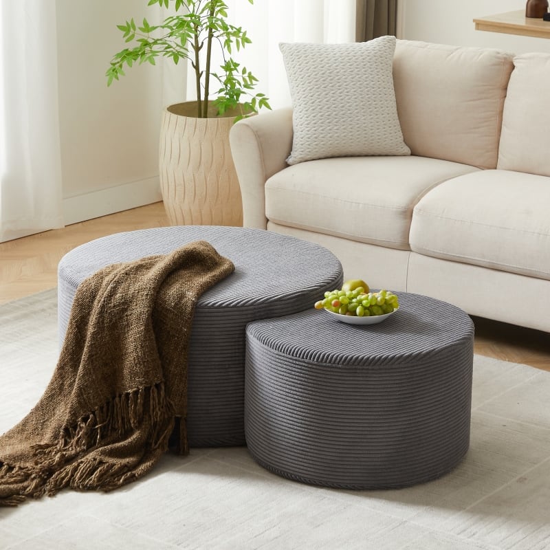 Roomfitters Nesting Ottoman Coffee Table Set of 2, Upholstered Round Foam Tables for Living Room