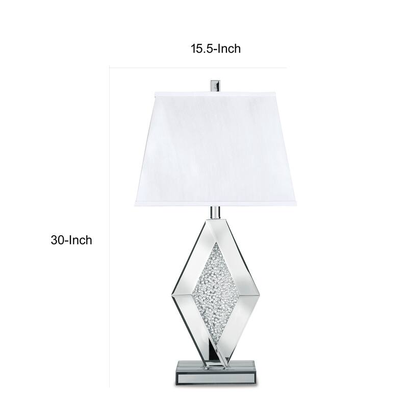 30 Inch Table Lamp, Mirrored Crystal Accent Geometric Base, Chrome, White