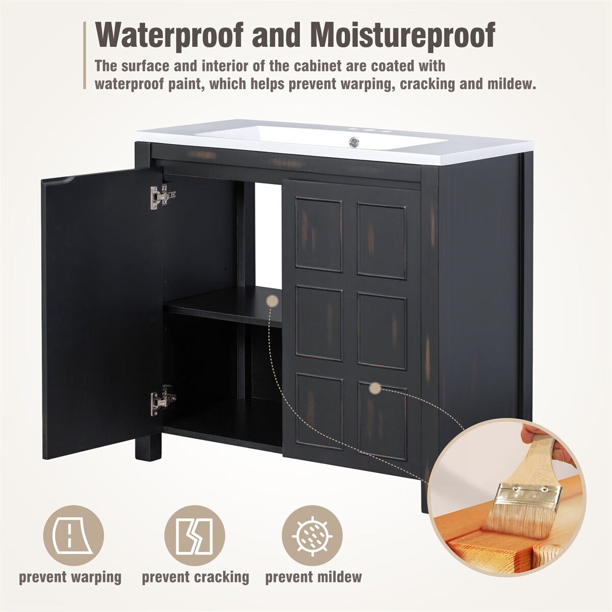 Merax 36 Inch Vintage Espresso Bathroom Vanity – Solid Wood Frame With Ceramic Sink, Soft-Close Doors, And Adjustable Shelf