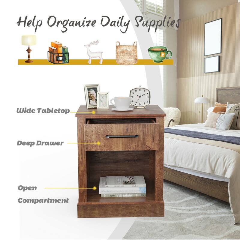 Gymax 2PCS Nightstand with Drawer and Shelf Rustic Wooden Bedside