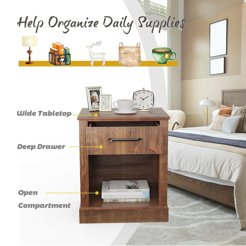 Gymax Nightstand with Drawer and Shelf Rustic Wooden Bedside Table
