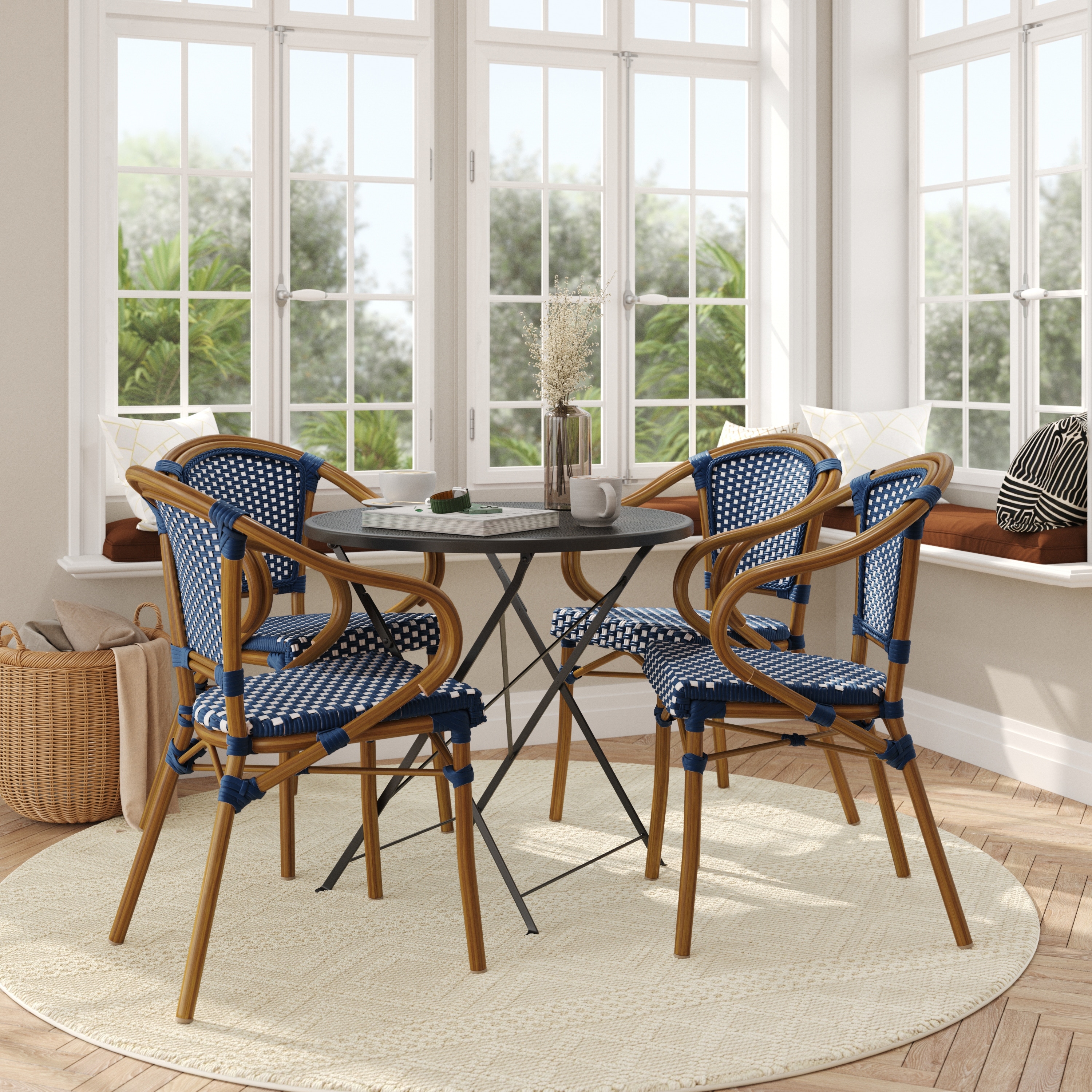 4 Pack All-Weather Commercial Paris Chairs with Bamboo Print Metal Frames - N/A