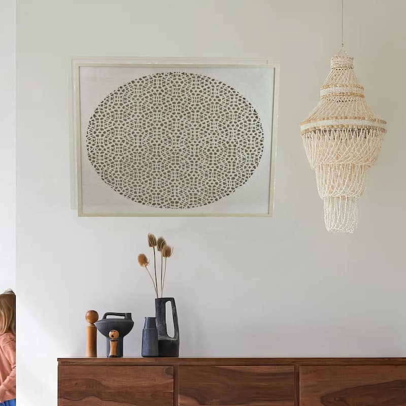 40 Inch Wall Art Decor, Carved Cutout Design, Natural Fiber, Gray Frame