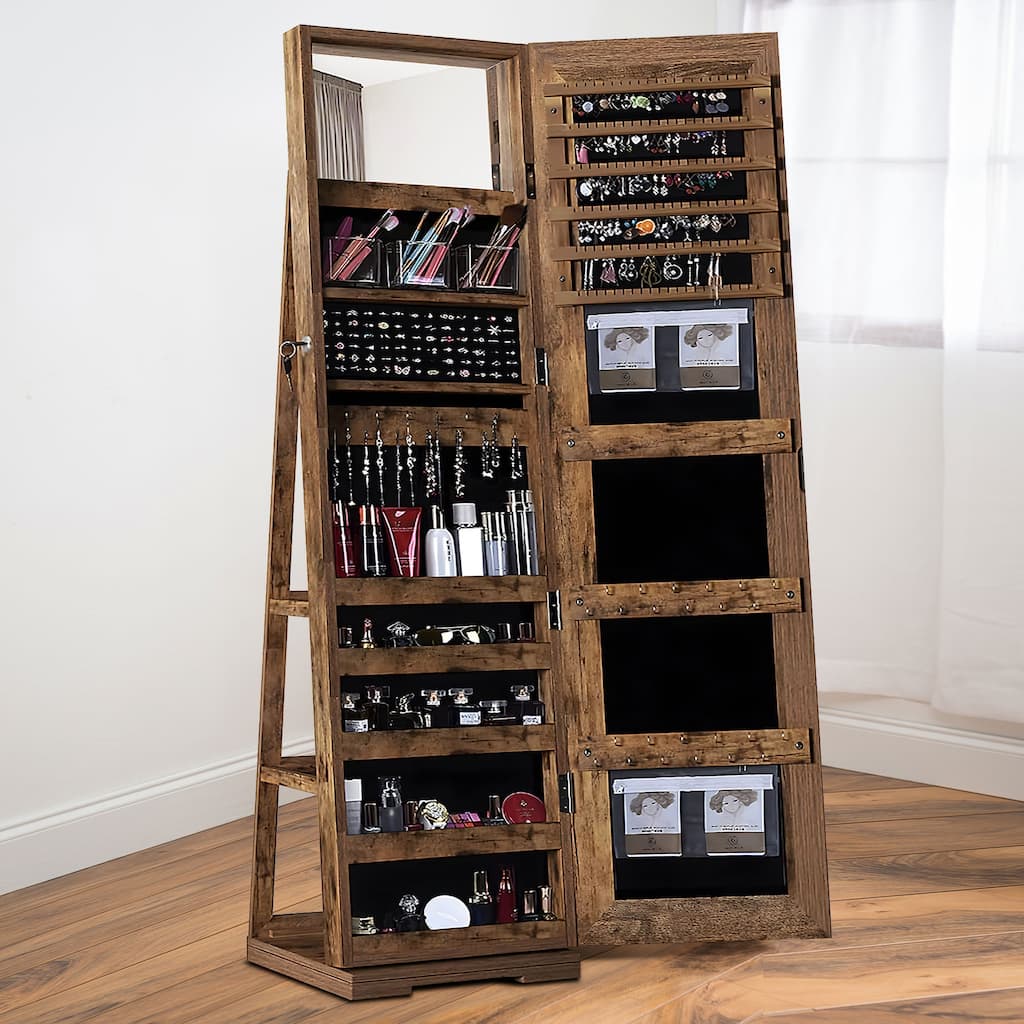 Standing Lockable Jewelry Armoire Jewelry Cabinet Organizer with Full-Length Mirror - 62.4"×14.8"