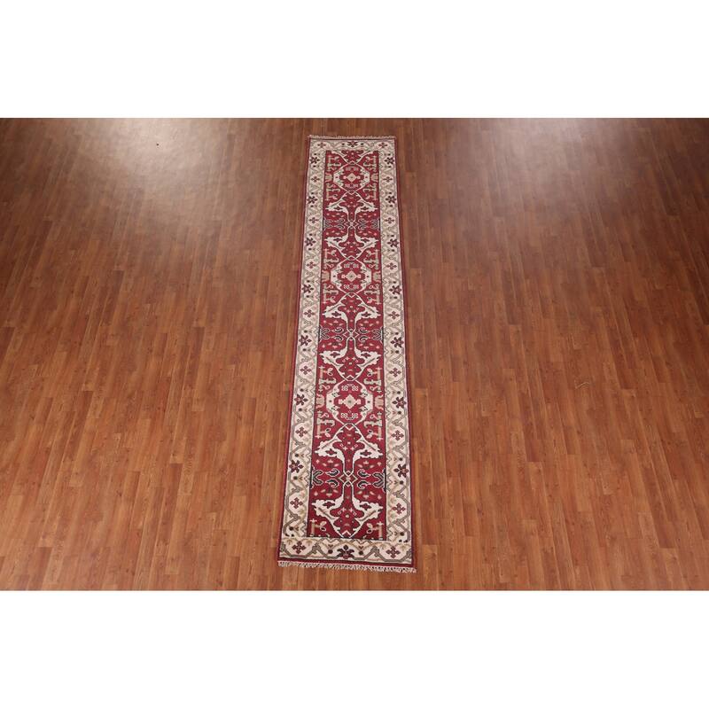 Red & Ivory Oushak Oriental Runner Rug Handmade Floral Wool Carpet - 2'7"x 11'5"