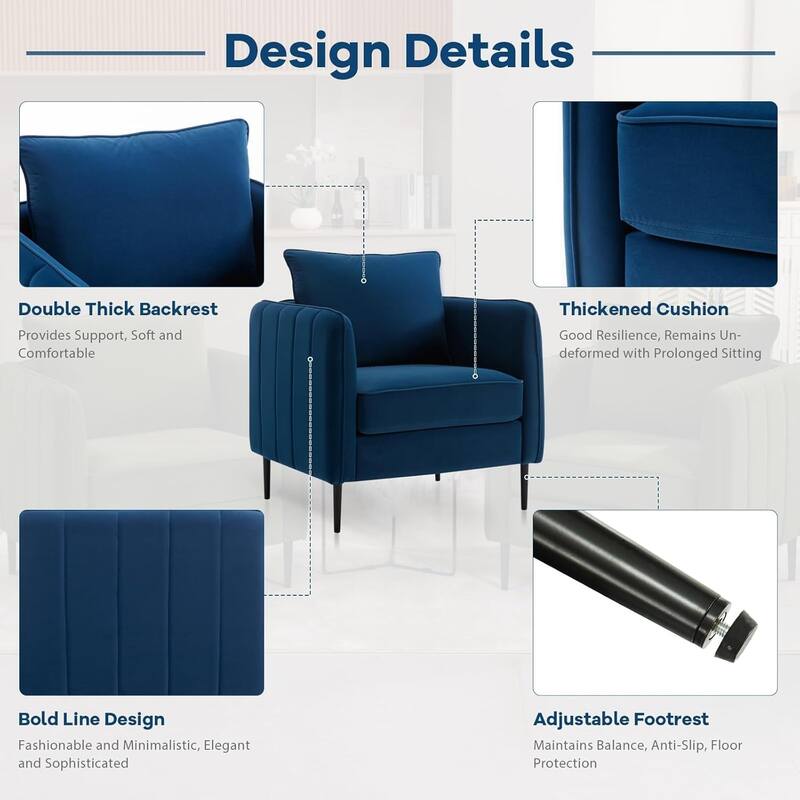 Velvet Accent Chair for Living Room, Mid Century Modern Single Sofa Chair with Pillow and Metal Legs