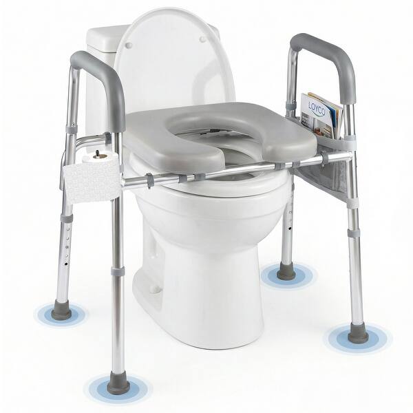 slide 2 of 10, Gymax Raised Toilet Seat w/Handles Padded Arms Adjustable Height & Silver, Gray
