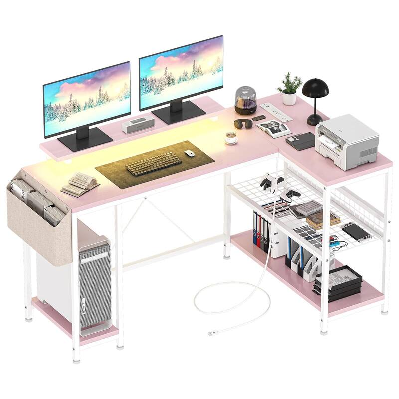 L Shaped Computer Desk with Power Outlets & LED Light, 49.6" Reversible Corner Computer Desk