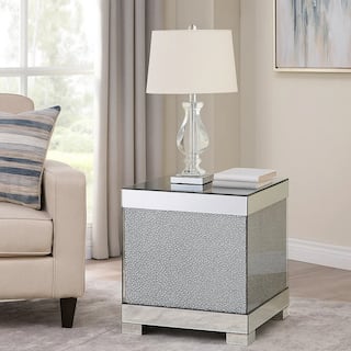 Contemporary Square Wooden End Table with Faux Crystal Inlays, Silver