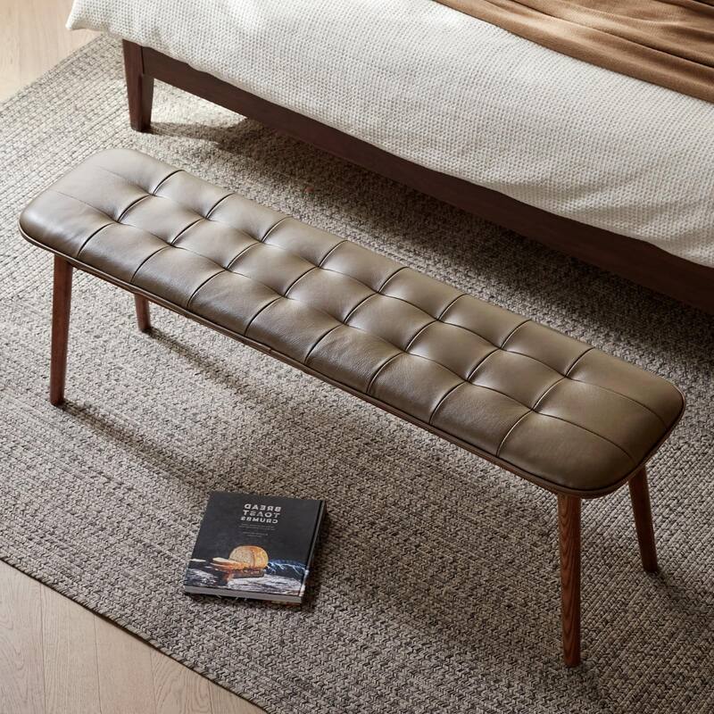 Natural Oak Wood for Dining Bench Table Bench for Living Room With Leather Cushion