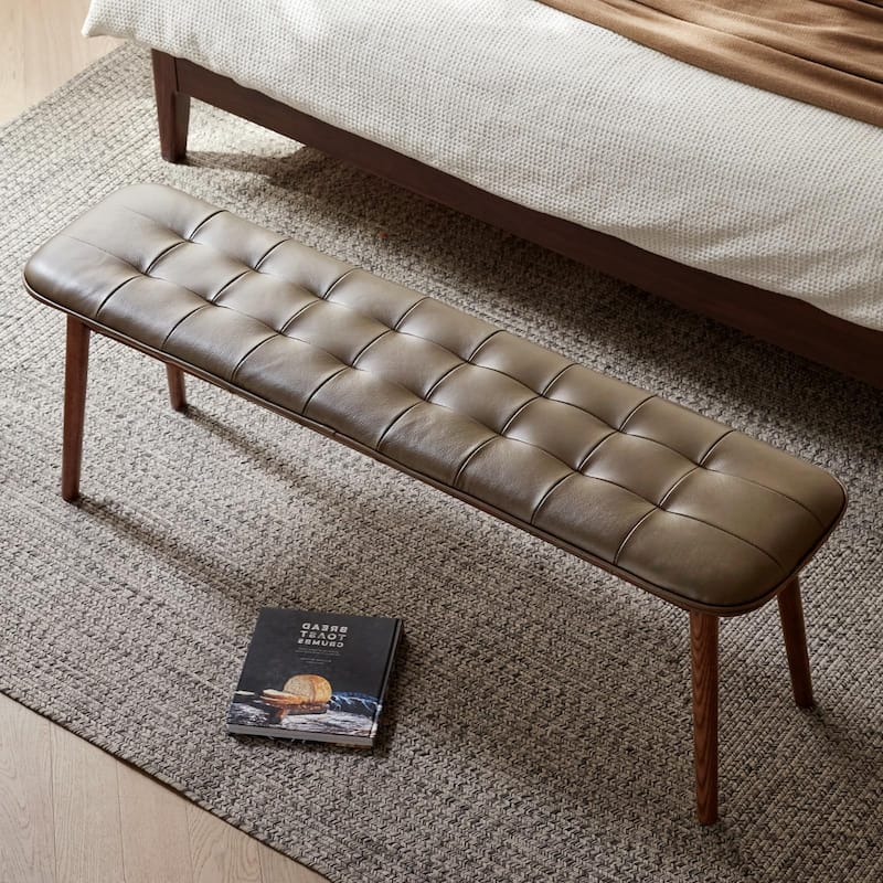 Oak Solid Wood Dining Bench With Leather Cushion - Brown