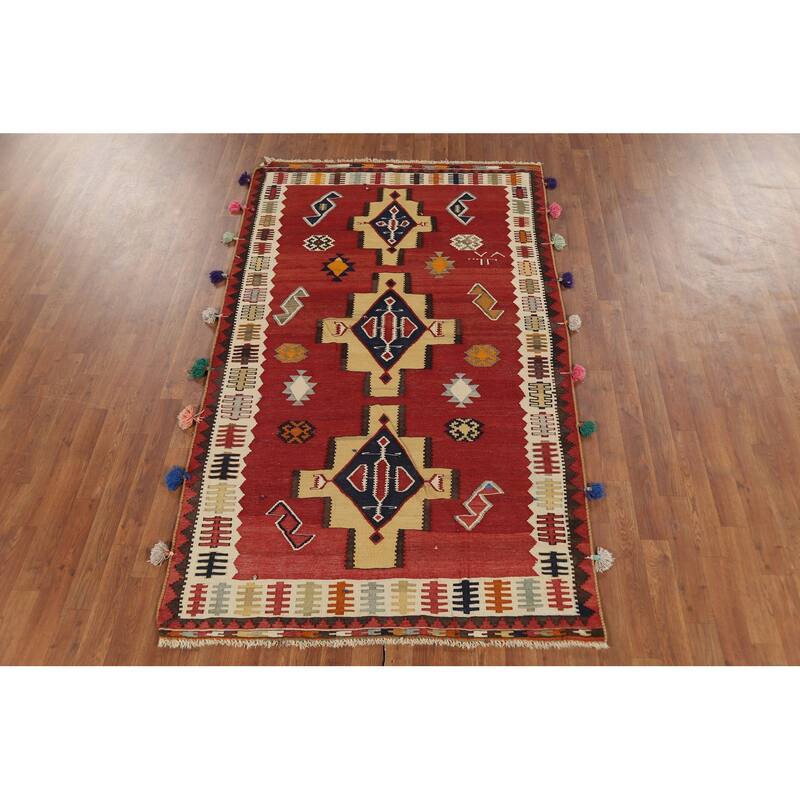 Red Kilim Qashqai Persian Vintage Rug Hand-Knotted Wool Carpet - 4'3"x 7'2"