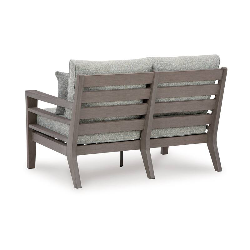 Karo 55 Inch Outdoor Loveseat, Cushioned Seating, Gray, Brown Finish