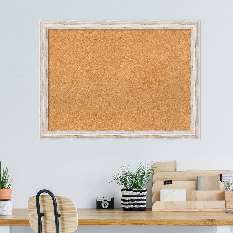 Alexandria White Wash Narrow Wood Framed Natural Corkboard Bulletin Board, Organization Board, Pin Board