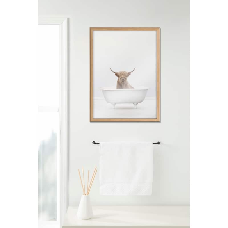 Kate and Laurel Blake Highland Cow Solo Bathtub Framed Printed Glass by Amy Peterson