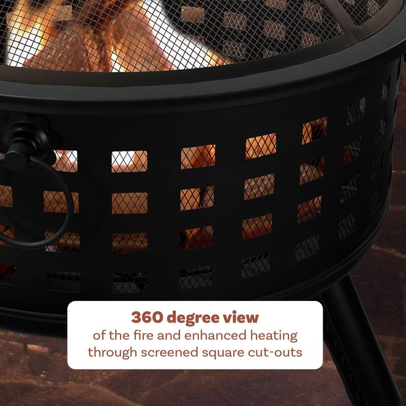 Fire Pit Set, Wood Burning Pit - Includes Spark Screen and Log Poker 26" Round Metal Firepit by Pure Garden - 26 x 26 x 24