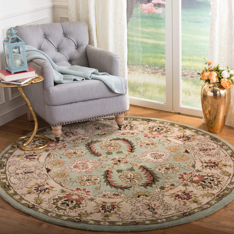 SAFAVIEH Handmade Heritage Freehand Stripe Traditional Oriental Wool Rug - 8' Round - Sage/Ivory