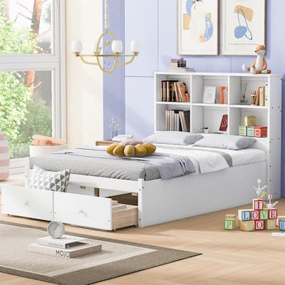 Full Size Platform Bed with Storage Headboard, Charging Station and 2 Drawers in White