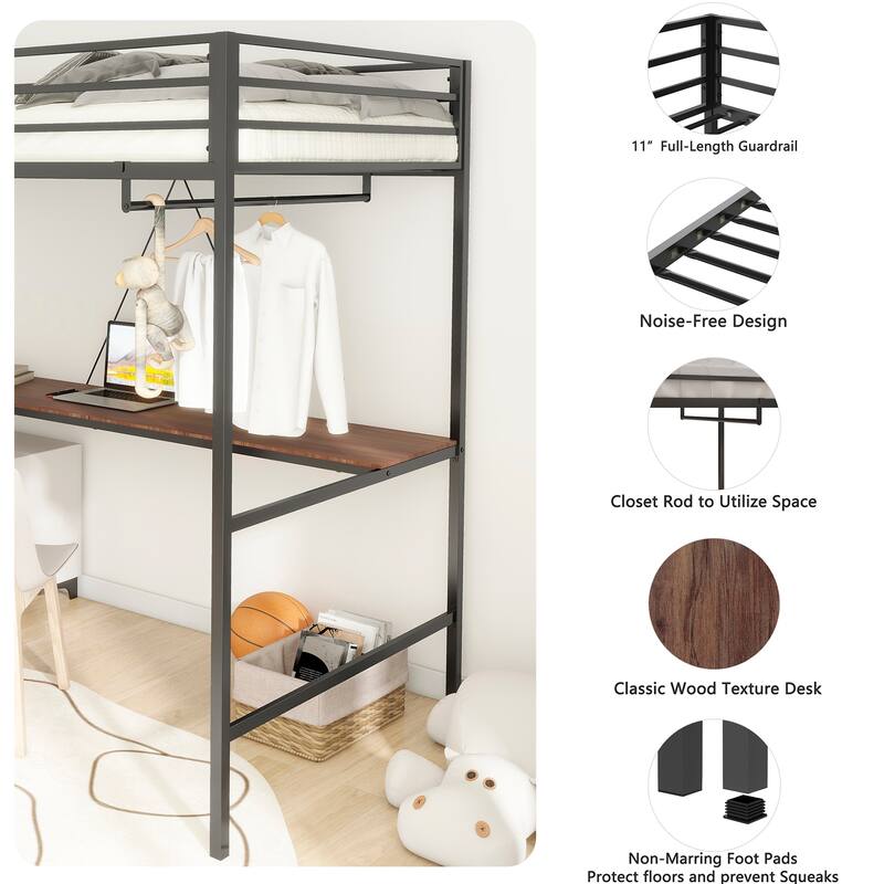 Adam Twin Loft Bunk Black with Cinnamon Wood Desk and Closet Rod No Box Spring Needed Easy Assembly