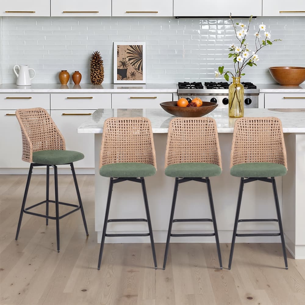 Chenille Counter Height Swivel Bar Stools Rattan Back with Metal Legs
