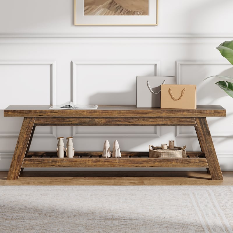 55" Entryway Bench with Shoe Storage, Large 2-Tier Foyer Bench