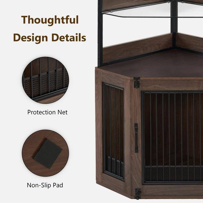 MCombo Corner Dog Crate Furniture with Glass Shelves, Wooden Dog Kennel Furniture with Door, Pet Crate Indoor Use, CN28 - Small