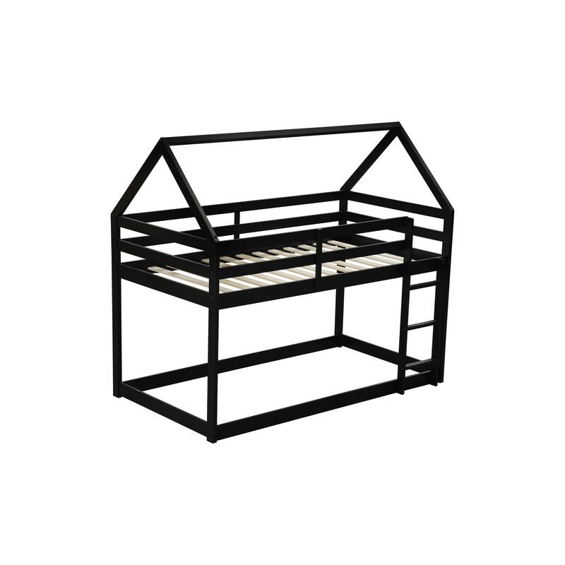 House-shaped Bed Frame, Twin Over Twin Low Bunk Bed with House Roof, No Slats Floor Bed, Ladder and Guardrails, Floor Bunk Bed