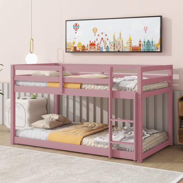 slide 2 of 8, Pink Twin over Twin Size Wood Floor Bunk Bed with Ladder and Fence for Bedroom Pink