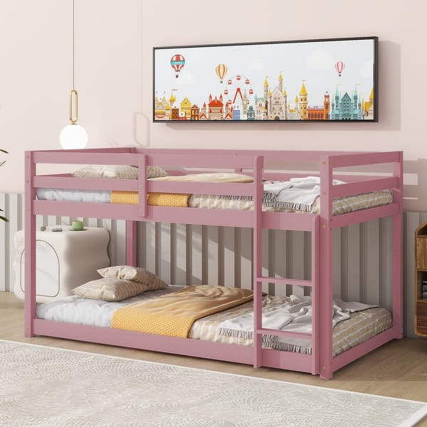 slide 2 of 28, Twin over Twin Size Wood Floor Bunk Bed with Ladder and Fence for Bedroom
