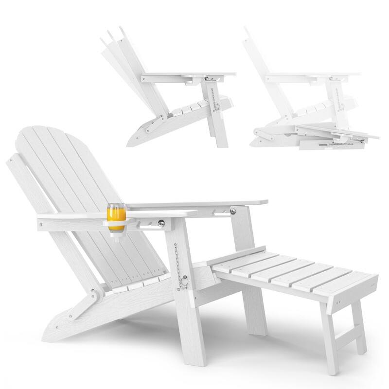 WINSOON Outdoor All-Weather HDPE Folding Adirondack Chair with Ottoman, Cup Holder & Adjustable Back - White