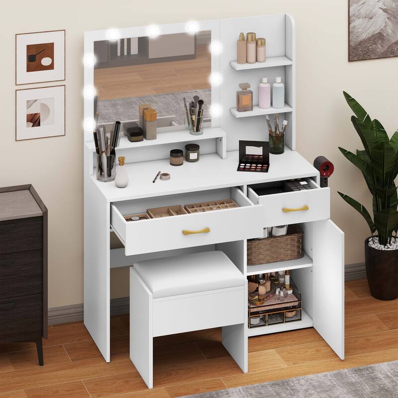 Vanity Desk with LED Mirror Power Strip