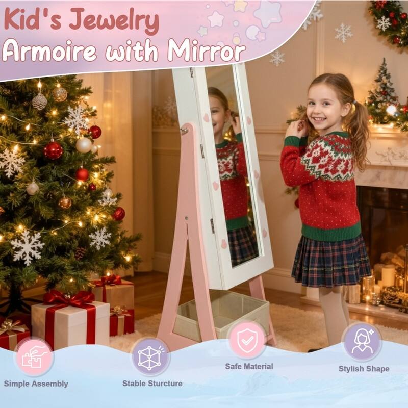 Kids MDF Bunny Jewelry Cabinet In Pink Jewelry Armoire With Mirror, 1 Door And 1 Fabric Drawer