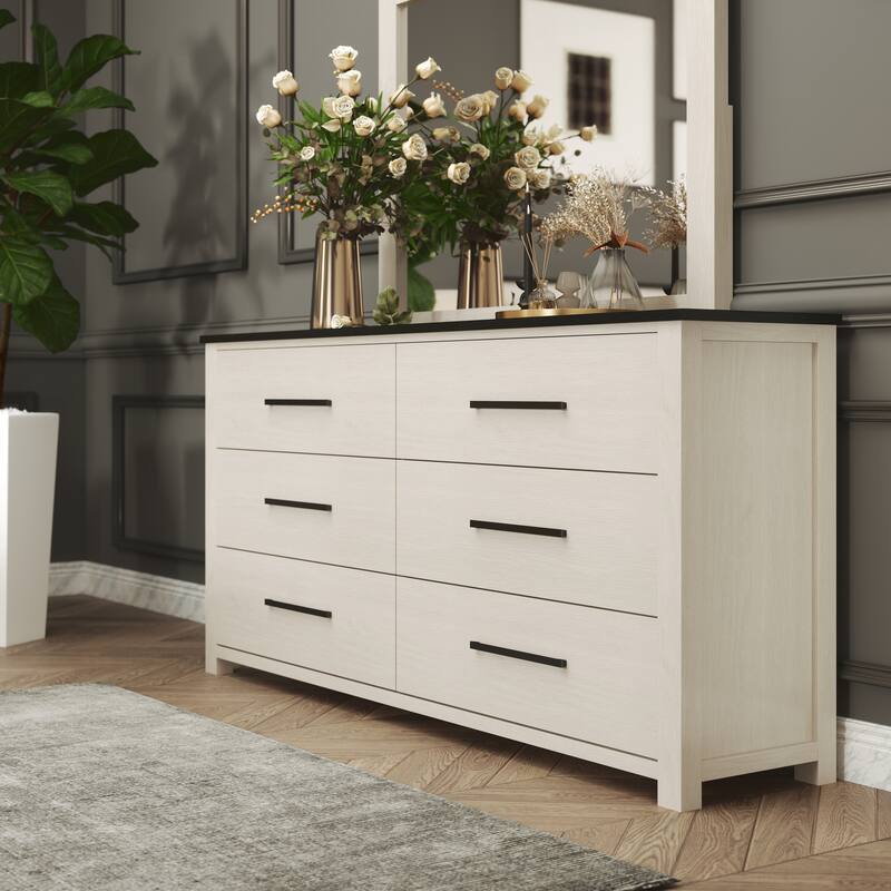 Roundhill Furniture Realynn 4-Piece Wood Bedroom Set, Panel Bed with Dresser, Mirror, and Nightstand, Off-White Finish