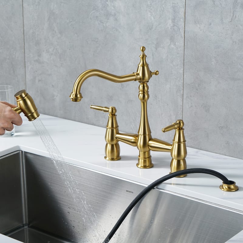 WOWOW 4 Hole Double Handle Bridge Kitchen Faucet with Side Sprayer