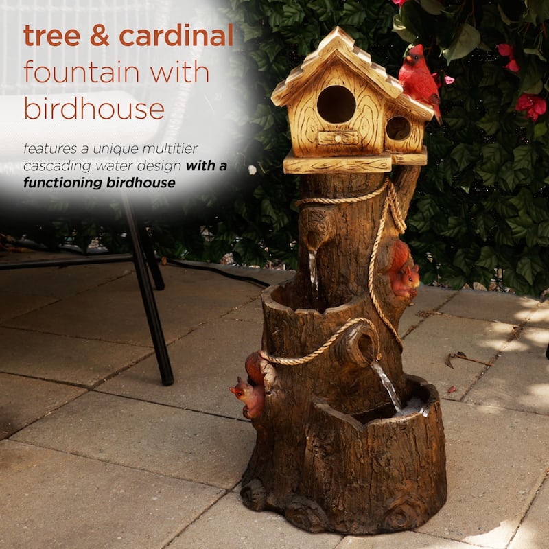 Alpine Corporation ZEN552 24" Outdoor Multitiered Tree & Cardinal Birdhouse Fountain - Rustic Water Feature for Patio & Garden