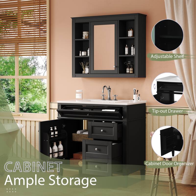 Freestanding Bathroom Vanity & Wall Mounted Mirror Cabinet Set with Resin Sink, Open Shelves, Drawers and Adjustable Shelves