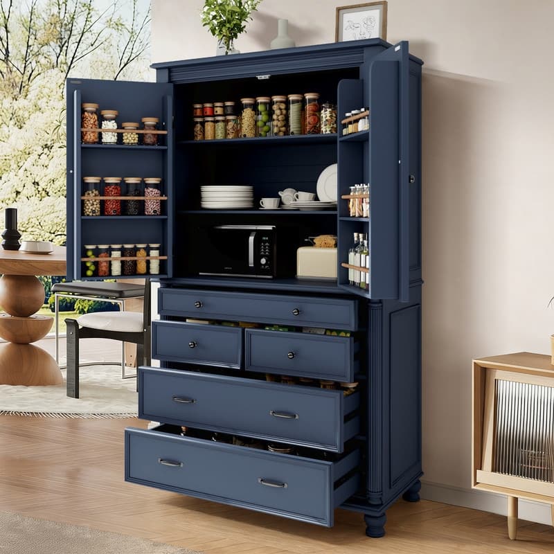 Farmhouse 77.3" Tall Kitchen Pantry Cabinet with 5 Drawers, 6 Door Shelves, 2 Adjustable Shelves