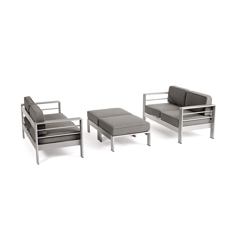 Cape Coral Outdoor 4-Seater Aluminum Loveseat and Ottoman Set by Christopher Knight Home - silver + khaki cushion
