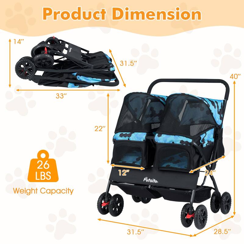 Gymax Double Pet Stroller w/ 2-seater Carrier Adjustable Sunshade