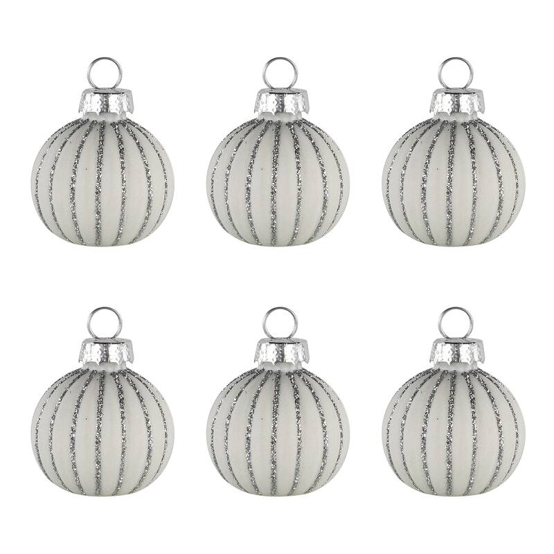 Glitter Striped Glass Christmas Ornament Place Card Holders - 2" - White - Set of 6