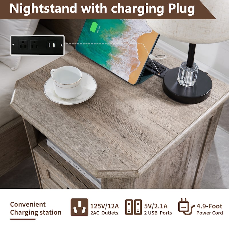 Farmhouse Nightstand Set of 2 with Charging Station, Beside Table