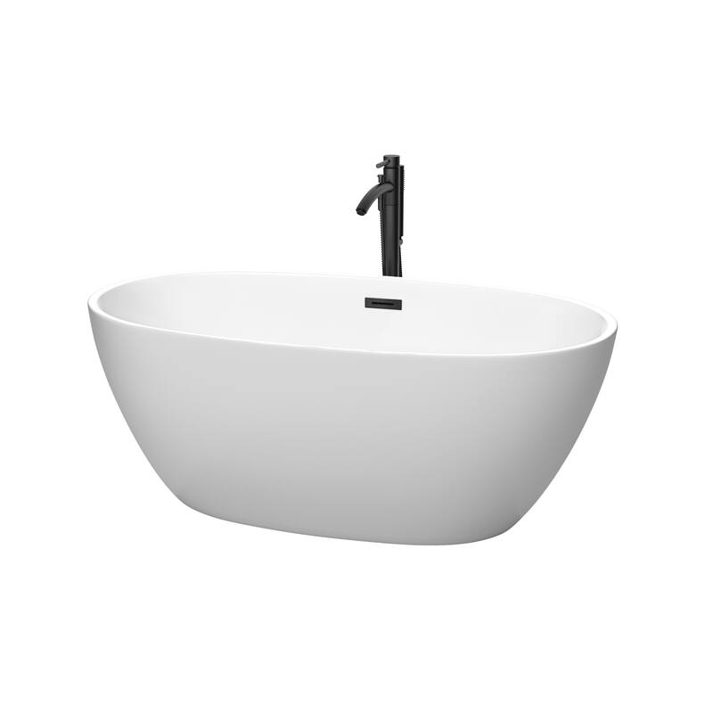 Wyndham Collection Juno 59-Inch Matte White Freestanding Tub w/ Faucet - Matte White, Matte Black Trim & Matte Black Faucet